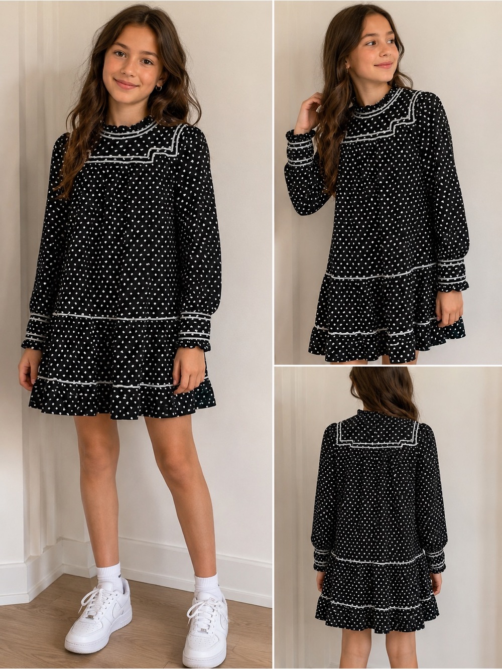 Black Heart-Print Long Sleeve Girls' Casual Dress